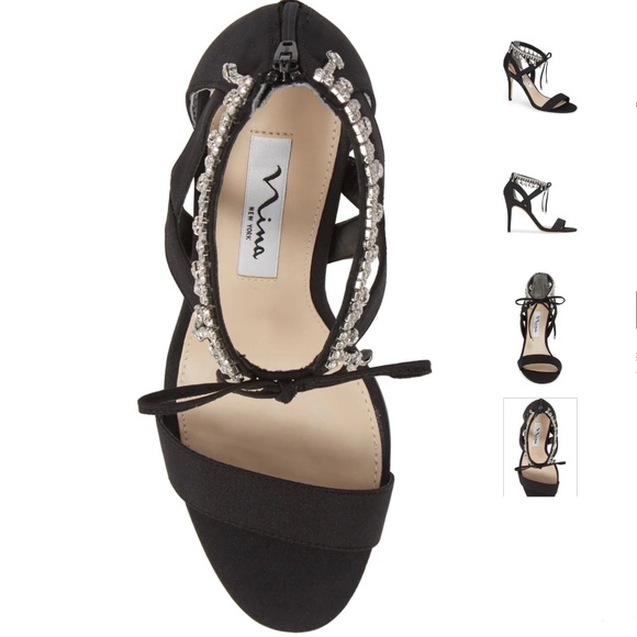 Nina Collina Black Satin Heeled Sandals Evening Stiletto Heel Pump Dress Shoes 8 - Picture 4 of 8